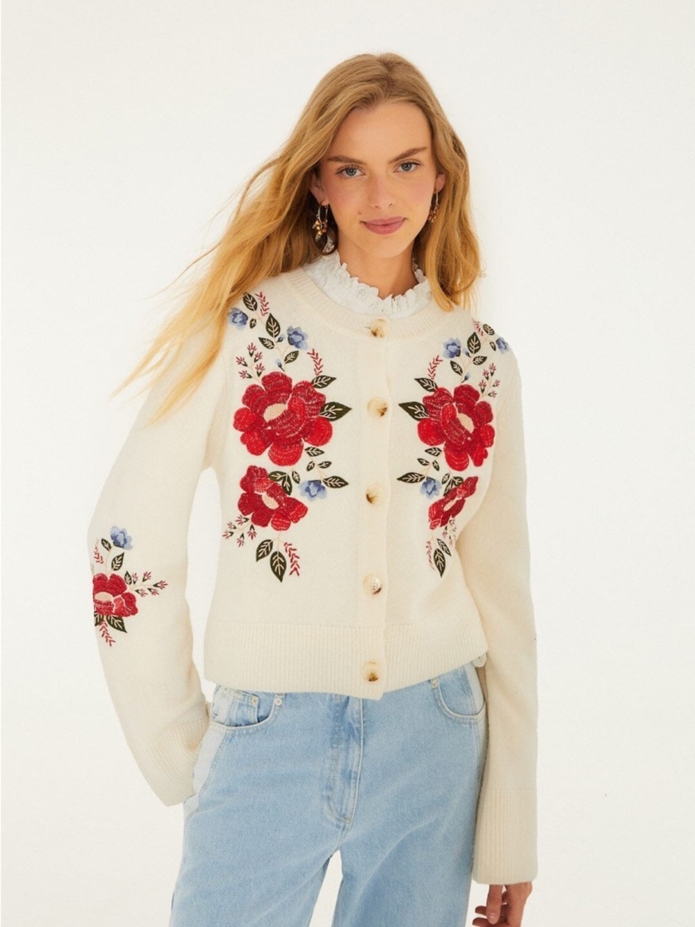 Farm Rio: Cream Embroidered Flowers
Buttoned Knit Cardigan